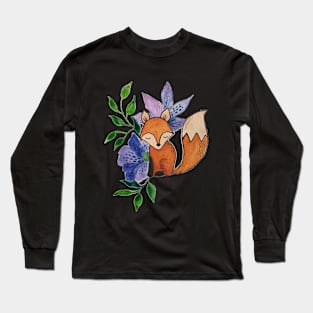 Little Fox and Floral Pattern in Gouache Long Sleeve T-Shirt